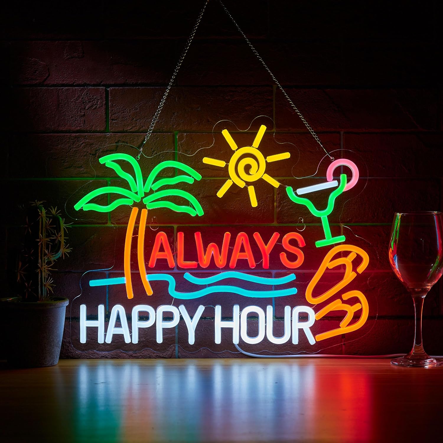Beer & Wine Downtown - لافتة نيون لبار البيرة بعبارة 'ساعة